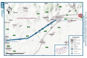 37. sz. főút Gesztely-Szerencs közötti szakasz 2x2 sávossá bővítése, a csomópont („Körforgalmú csomópont építése és tengelysúlymérő állomás létesítése a 37. és 38. sz. főutak csatlakozásában”) a térképen pirossal jelölve.